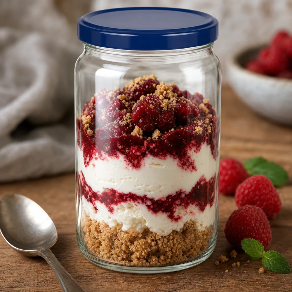 795ml Verre rond avec couvercle BasicSeal bleu UNiTWIST Verre rond de 795 ml avec couvercle bleu UNiTWIST rempli d'un dessert à couches de crème de baies et de miettes de biscuits sur une table en bois
