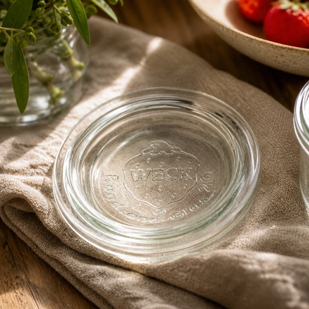 WECK Couvercle en verre RR40 sur torchon de cuisine avec décoration - présentation élégante pour une mise en conserve durable