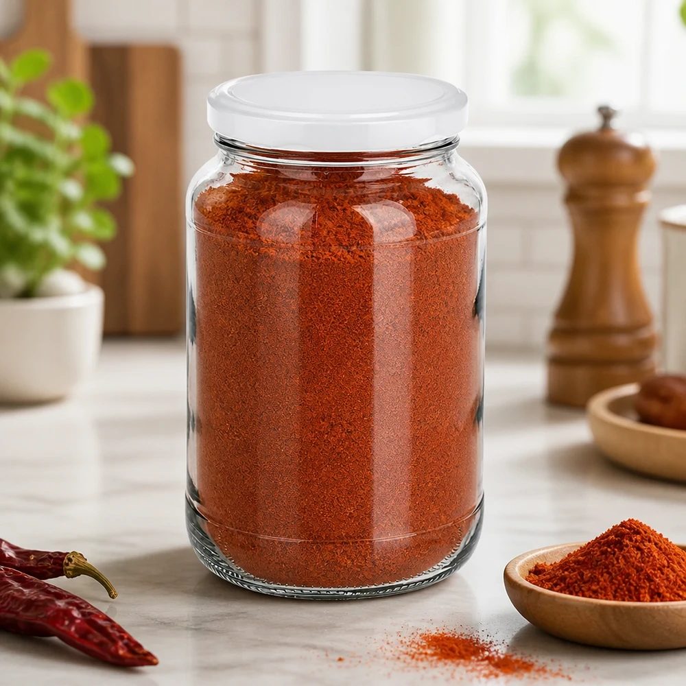 Bocal rond de 1700 ml rempli de paprika en poudre montre une utilisation pratique comme pot à épices avec fermeture BasicSeal