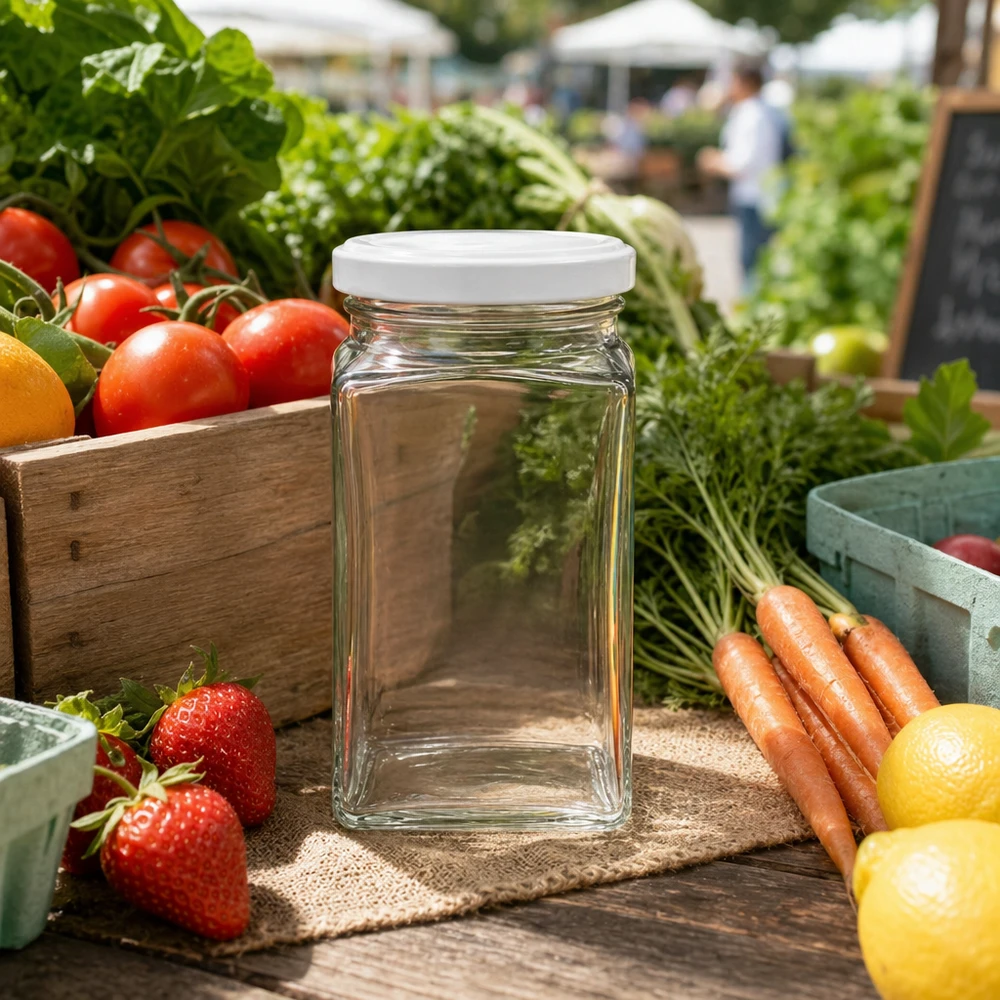 260ml Tetraglas avec couvercle BasicSeal blanc UNiTWIST 260ml Tetraglas BasicSeal blanc sur table en bois entouré de légumes et fruits frais dans une atmosphère de marché hebdomadaire