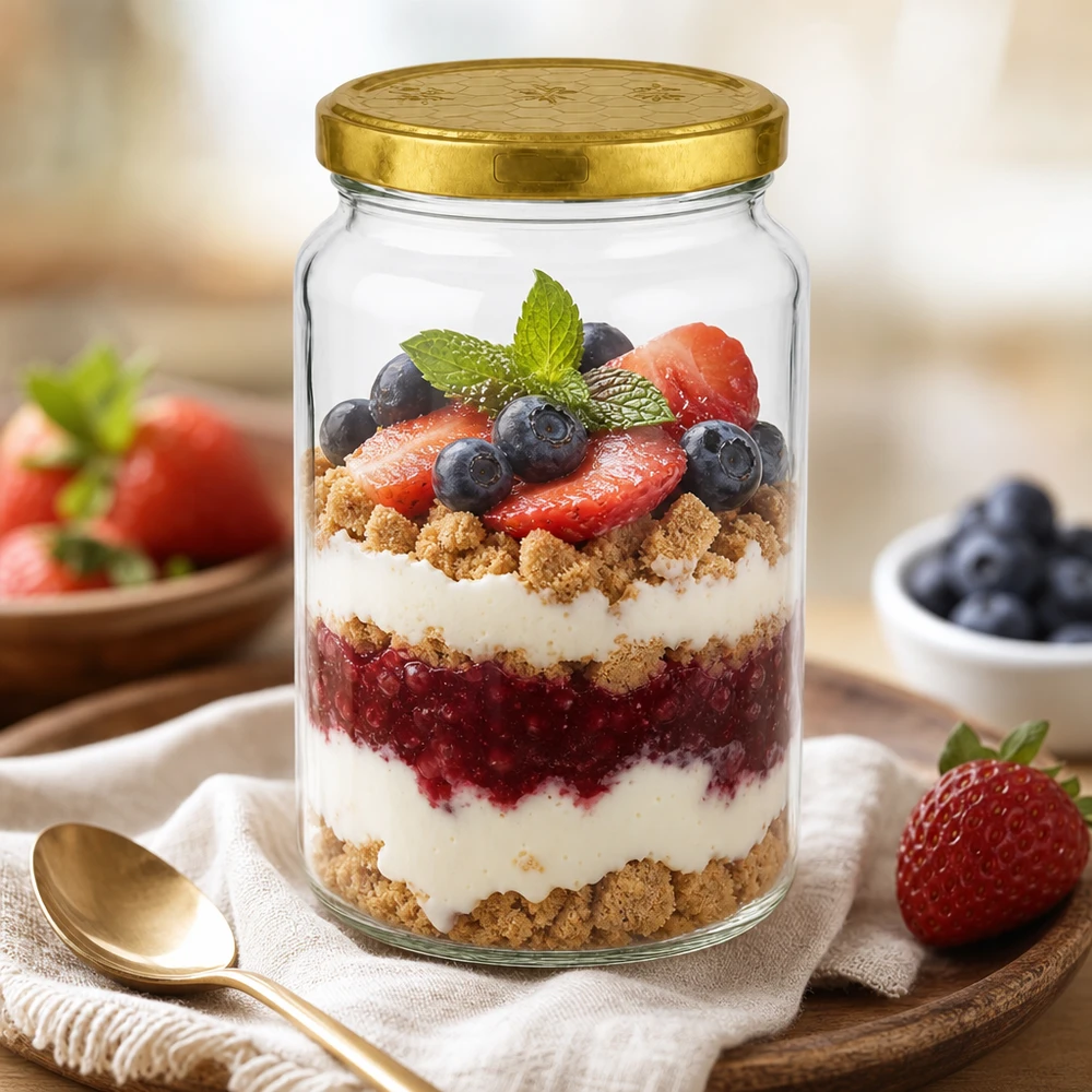 Verre rond de 795 ml avec couvercle doré comme verre à dessert pour trifle aux baies avec yaourt et vermicelles