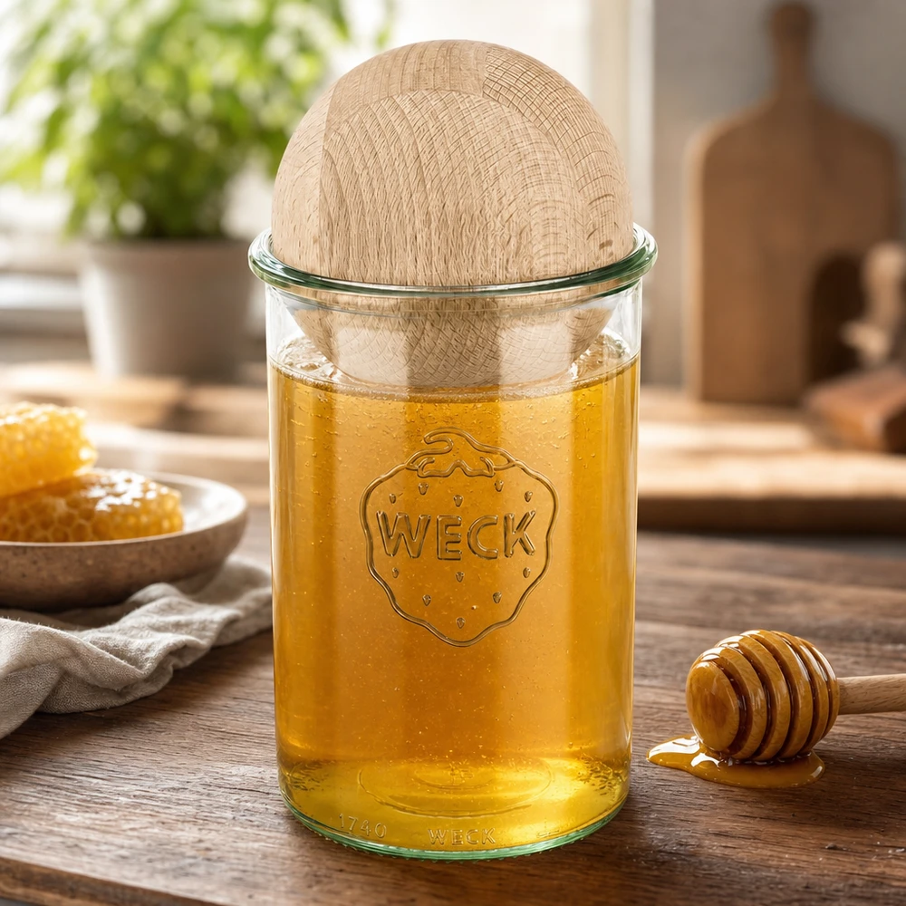 WECK Pot renversé 1000ml rempli de miel avec couvercle en forme de boule de hêtre, cuillère à miel et alvéoles sur table en bois dans une cuisine naturelle