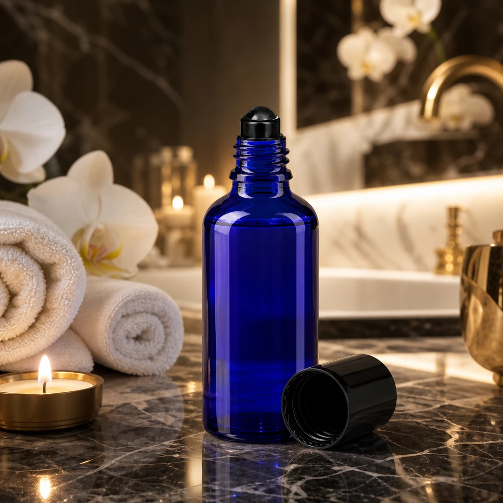 Flacon de déodorant en verre bleu 50 ml, déo à bille vide Flacon en verre d'apothicaire bleu de 50 ml avec embout à bille, dans une ambiance de salle de bains luxueuse