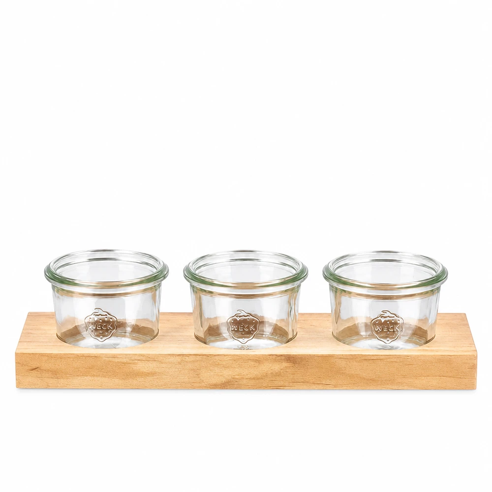 Plateau de service Plano3 avec 3 bocaux Weck de 80 ml Planche de service Plano3 en bois avec 3 pots Weck 80ml pour dips, épices et snacks