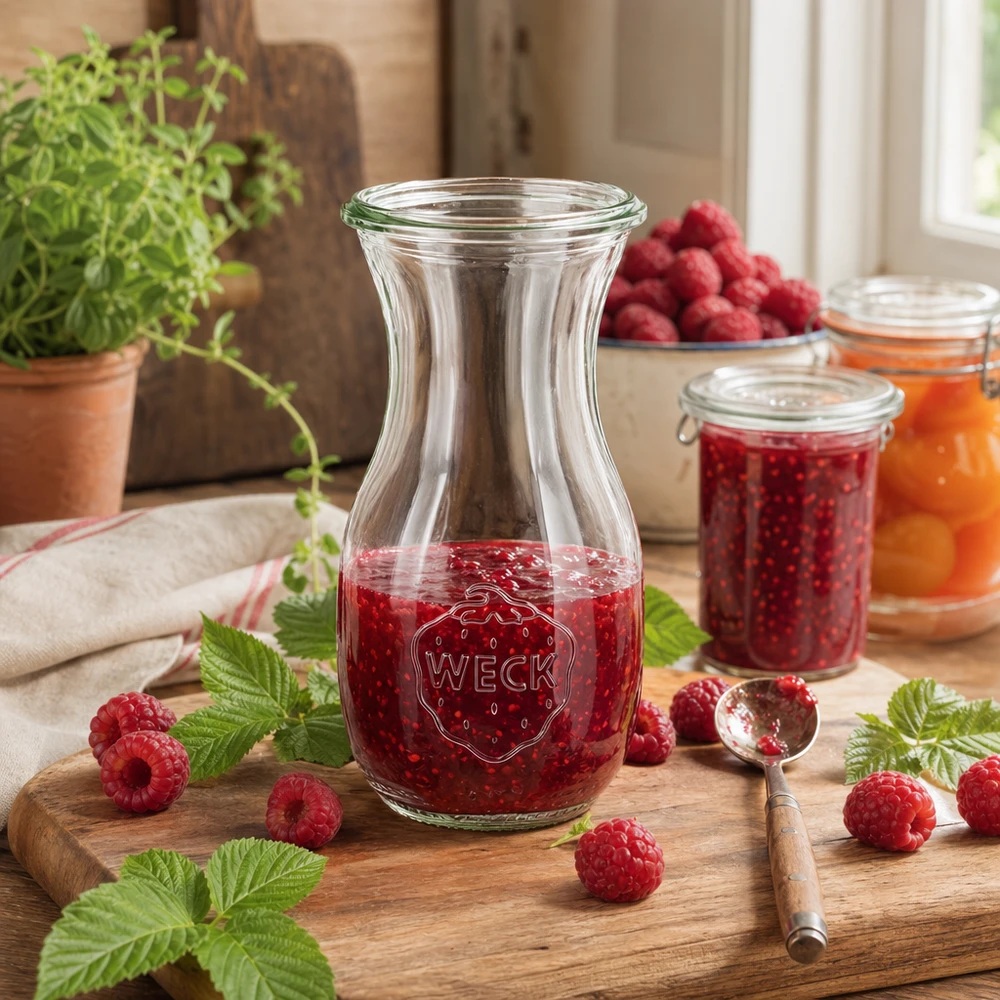 WECK Bouteille de jus 290ml RR60 remplie de confiture de framboises entourée de framboises fraîches et de feuilles de menthe sur une planche en bois