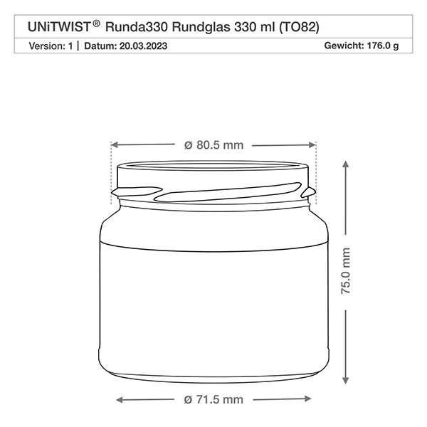 330ml Verre rond sans couvercle (TO82) UNiTWIST UNiTWIST Runda330 verre rond 330ml TO82 dessin technique avec dimensions diamètre 71,5mm hauteur 75mm poids 176g