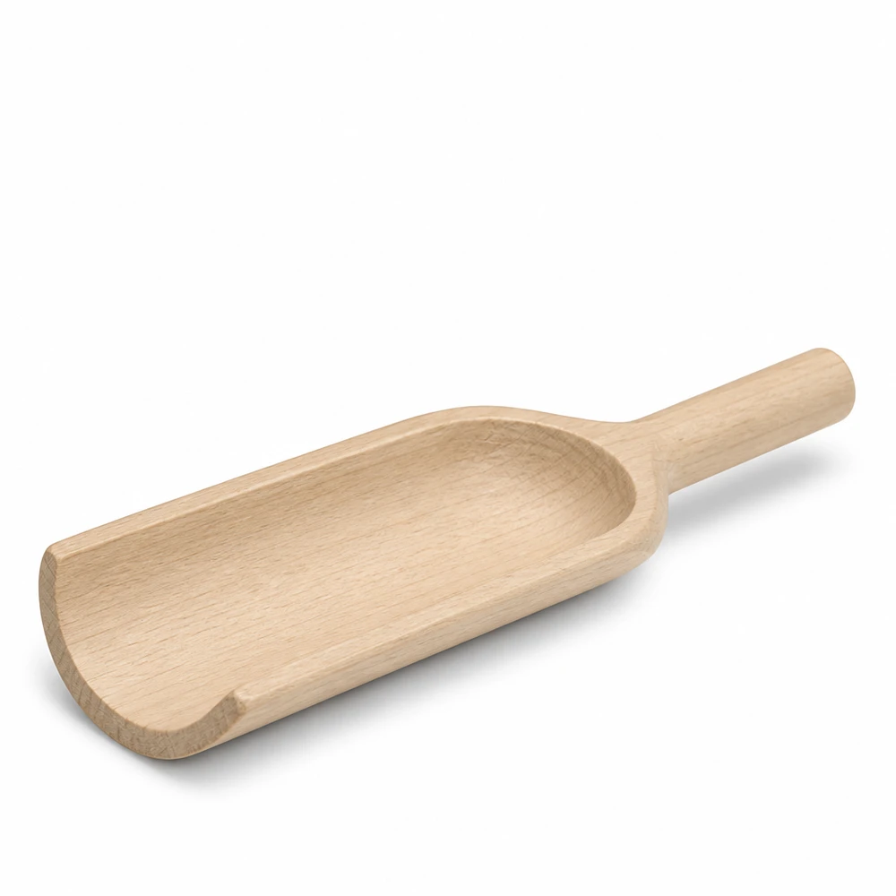 Pelle en bois taille L forme plate - 180mm de long Pelle en bois L 18cm forme plate vue latérale montrant la poignée ergonomique et la lame de la pelle en bois naturel