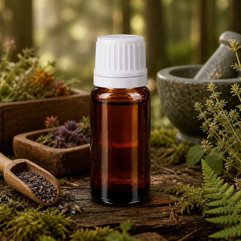 Flacon opac若 10 ml, marron, avec bouchon OV blanc, pour huiles et essences sensibles aux UV