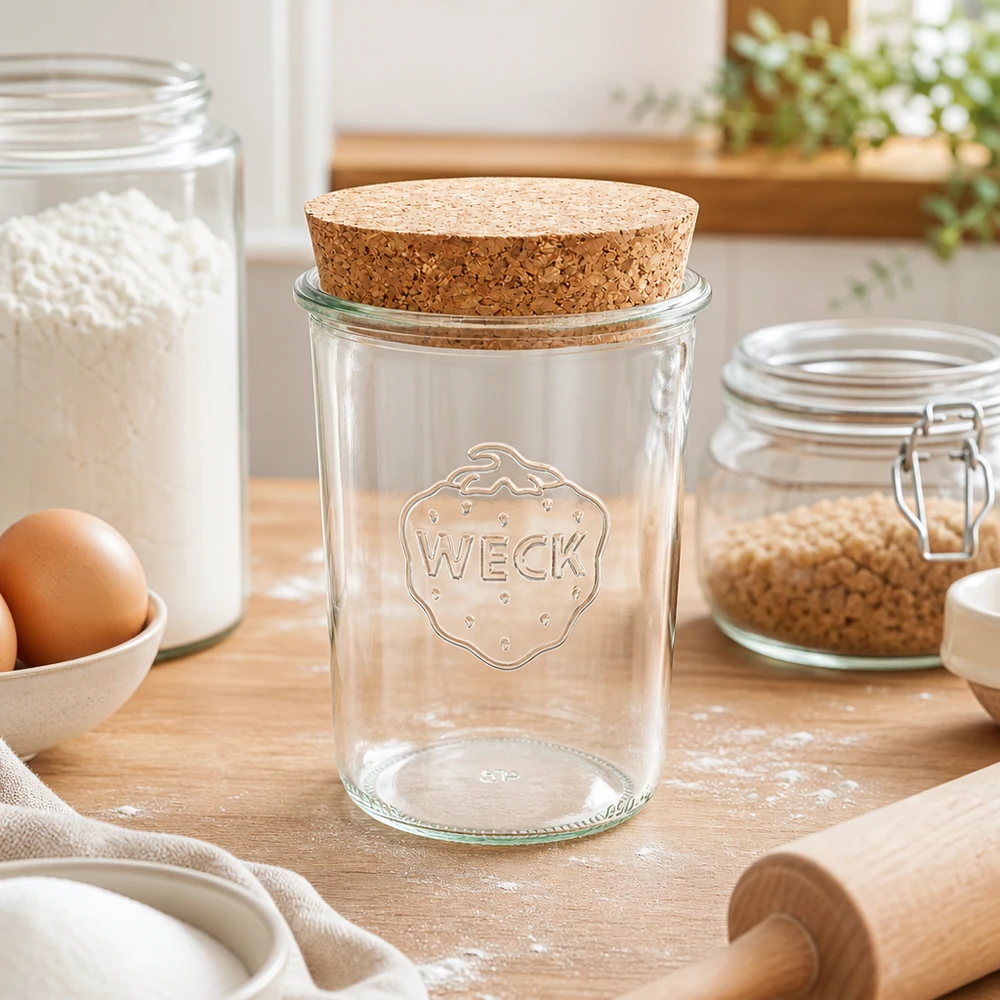 WECK Verre renversé 850ml RR100 avec bouchon en liège naturel sur le plan de travail de la cuisine entre la farine, les œufs et les ustensiles de cuisson Scène de cuisine
