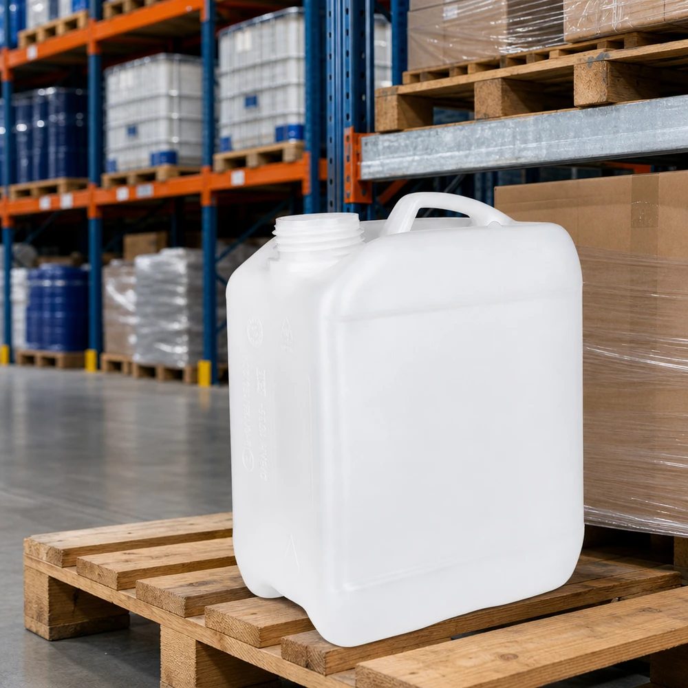 Bidon de 2,5 litres sans bouchon Bidon de stockage de 2,5 litres sans couvercle, posé sur une palette en bois dans un entrepôt industriel équipé de rayonnages en hauteur