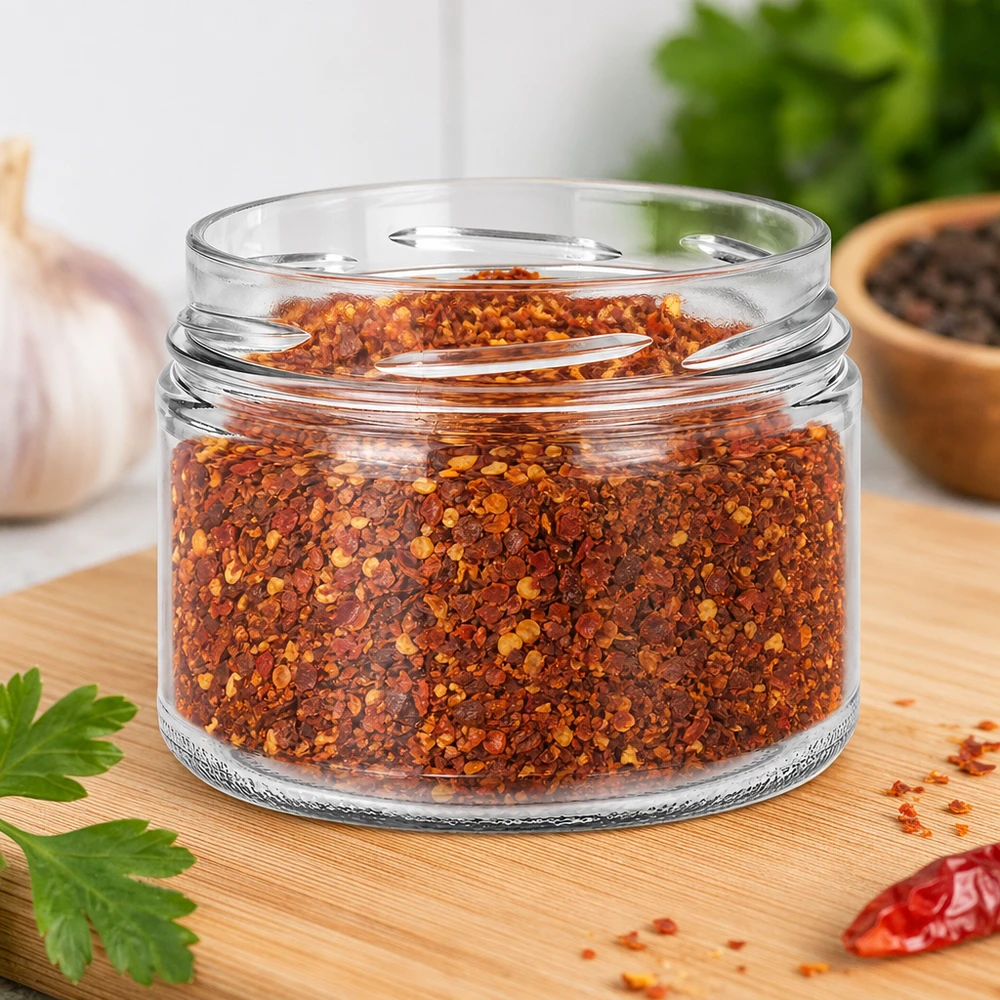 540ml Verre rond sans couvercle (TO100) UNiTWIST UNiTWIST Runda540 Verre renversé 540ml TO100 rempli de mélange d'épices au chili Flocons de paprika Planche de cuisine Stocker les épices