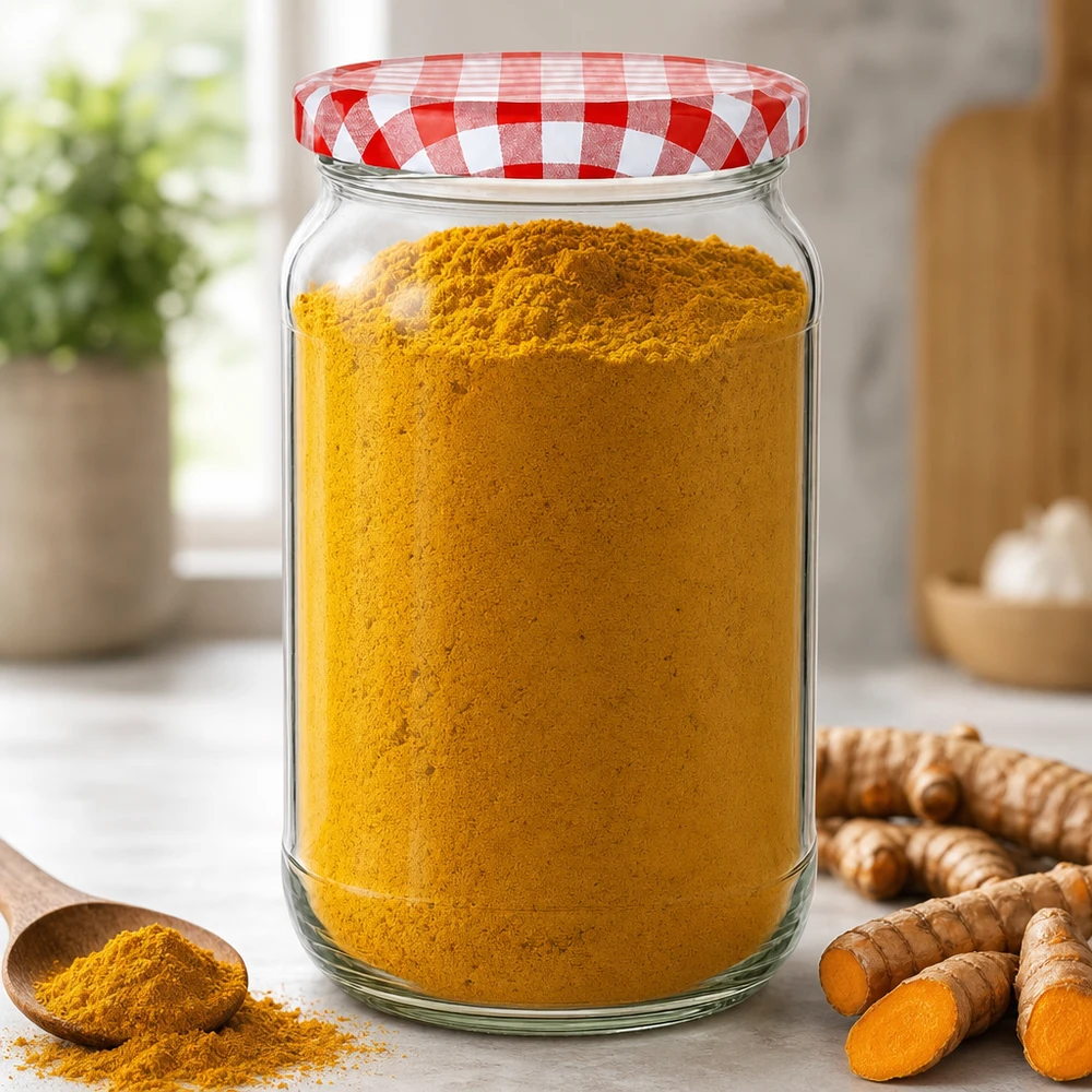 1062ml Verre rond avec couvercle BasicSeal rouge/blanc UNiTWIST Bocal rond de 1062ml avec couvercle BasicSeal rempli de poudre de curcuma à côté de racines de curcuma fraîches dans une cuisine moderne