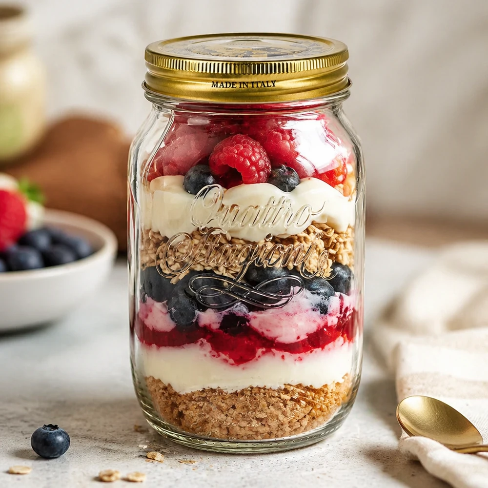 Verre rond 1000ml « Quattro Stagioni » avec couvercle Quattro Stagioni pot 1000ml rempli de dessert stratifié baies yaourt granola pot italien utilisation