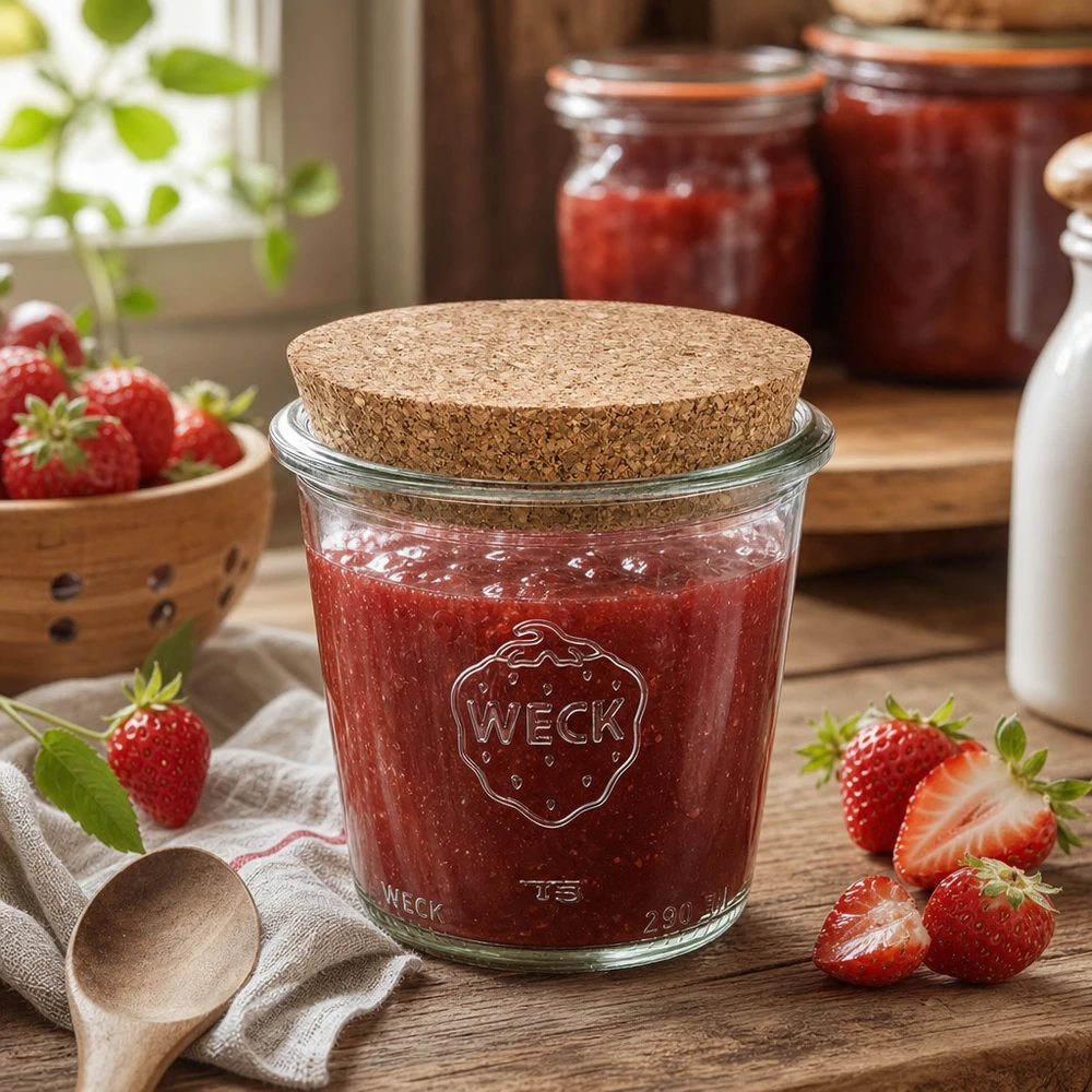 290ml bocal conique haut WECK RR80 avec bouchon nature WECK Pot de conserve 290ml avec couvercle en liège rempli de confiture de fraises dans une cuisine rustique avec des fraises fraîches