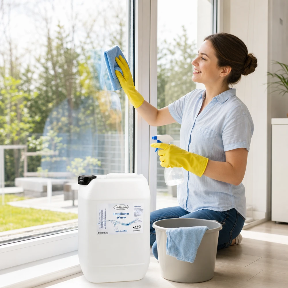 Femme nettoie les fenêtres avec de l'eau distillée Docteur-Klaus 25L pour des résultats sans traces