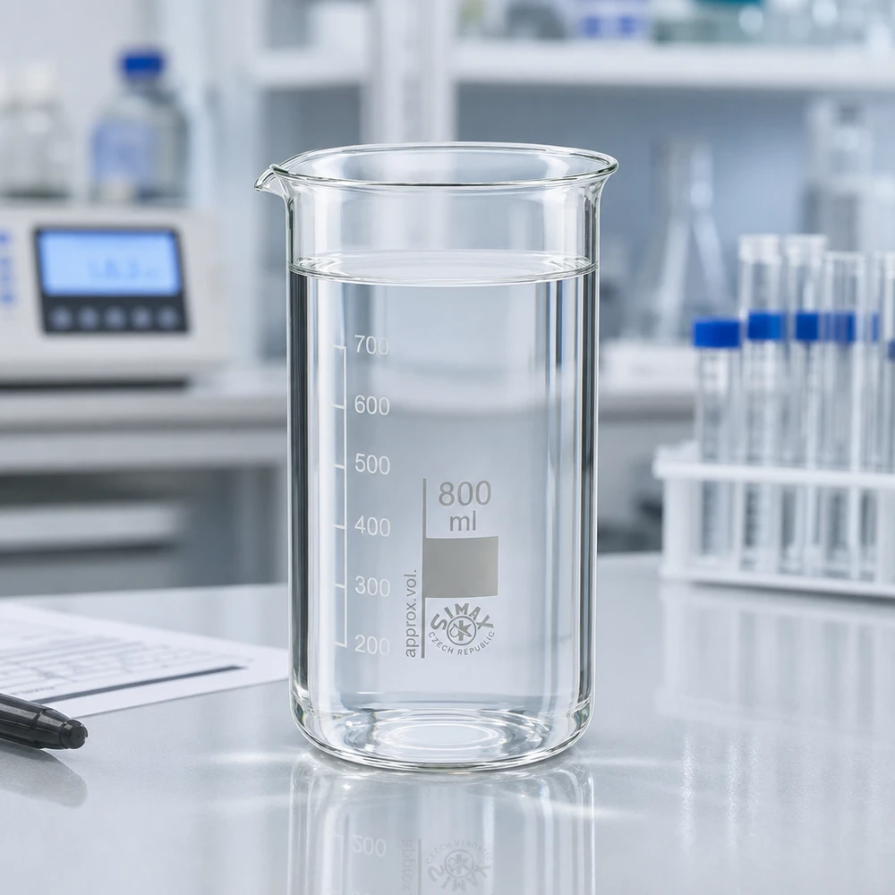 Bécher de 800 ml, de forme haute, contenant un liquide transparent jusqu'à un niveau de 700 ml, posé sur une paillasse de laboratoire blanche