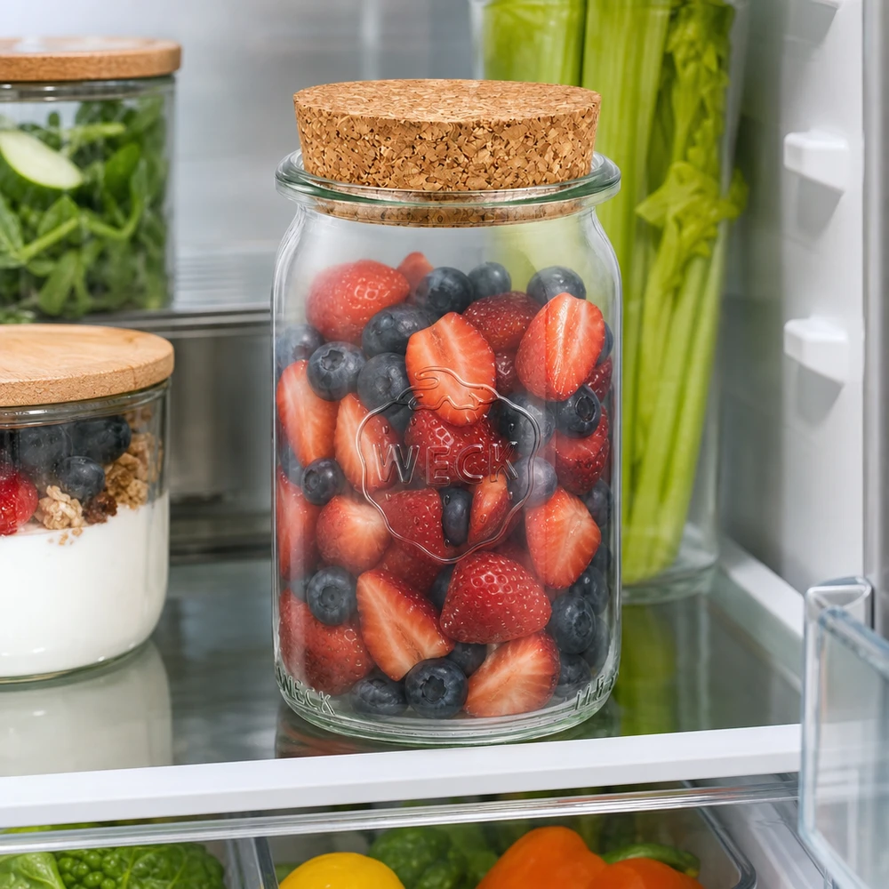 145ml bocal cylindrique WECK RR40 avec bouchon nature WECK Pot à provisions 145ml RR40 avec couvercle en liège rempli de baies fraîches au réfrigérateur pour la conservation des fruits