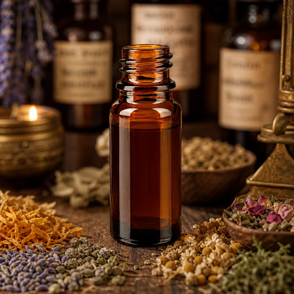 Flacon compte-gouttes 10 ml DIN18 - verre brun Bouteille de pharmacie brune de 10 ml ApoGlas entre les herbes séchées et les épices en pharmacie traditionnelle