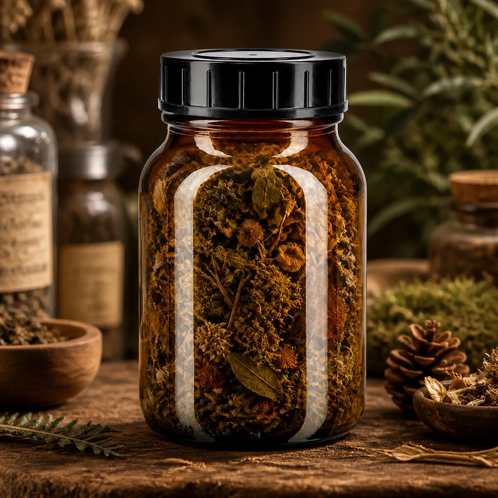 Bouteille de pharmacie 250ml en verre brun avec couvercle à visser pour le stockage professionnel d'herbes et de thé