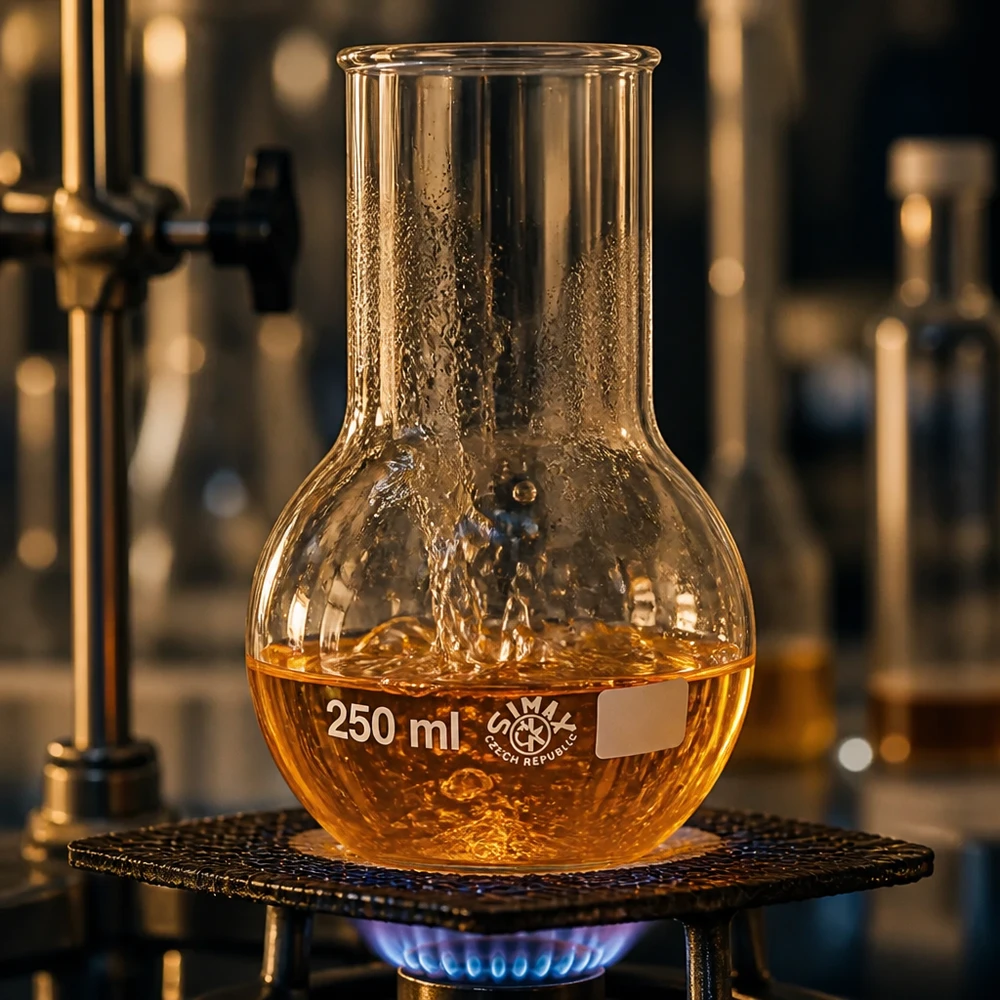 Ballon à fond plat 250 ml à col large, en verre borosilicate avec bord renforcé Ballon à distiller de 250 ml à col large avec solution orange dans des conditions de température contrôlée