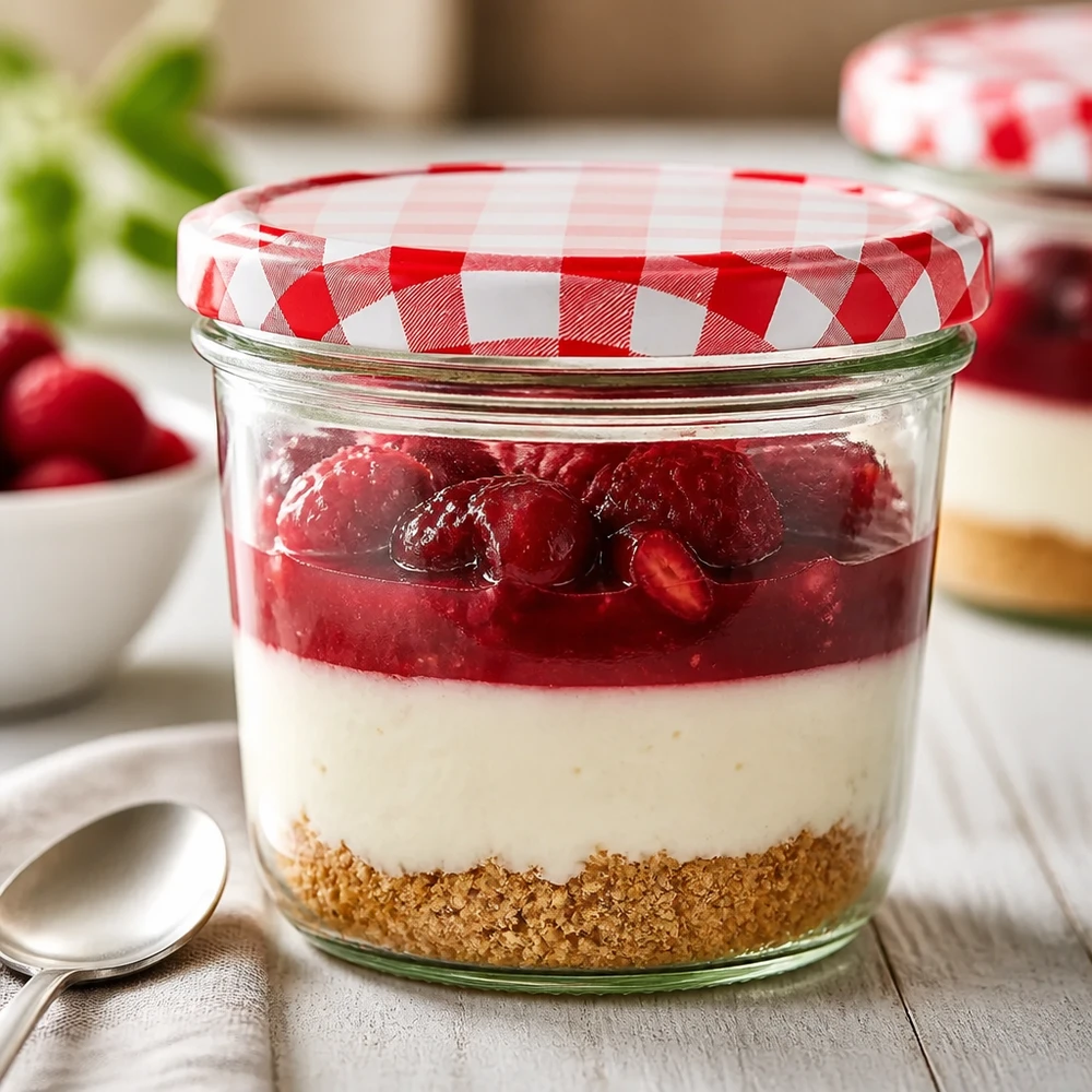 230ml Verre conique avec couvercle BasicSeal rouge/blanc UNiTWIST Verre renversé de 230 ml comme verre à dessert avec dessert en couches et fermeture BasicSeal à carreaux rouges et blancs dans une scène de cuisine