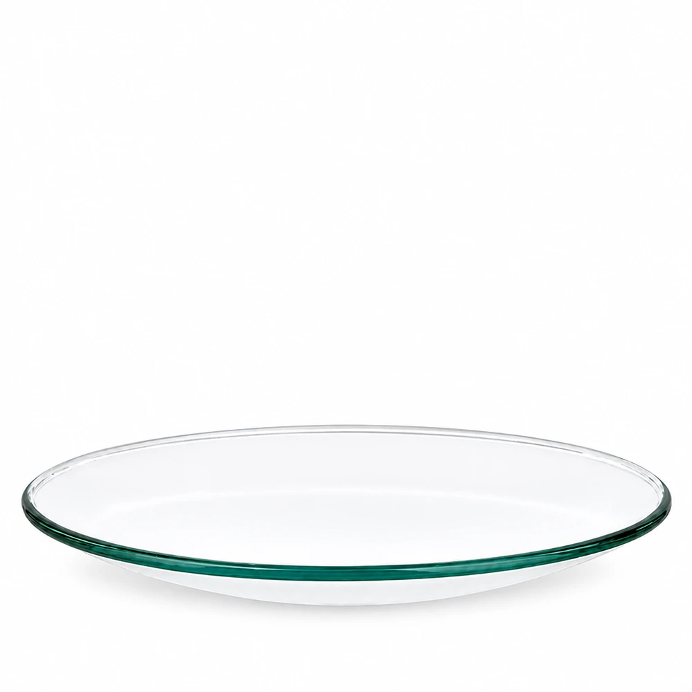 Kleine flache Uhrglasschale Ø 60 mm aus klarem Borosilikatglas grüner Rand