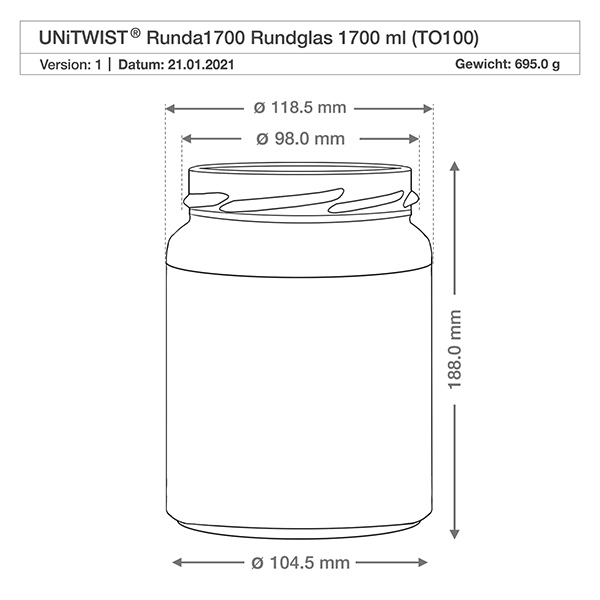 UNiTWIST Runda1700 verre renversé 1700ml TO100 dessin technique dimensions dimensions 118,5mm diamètre 188mm hauteur