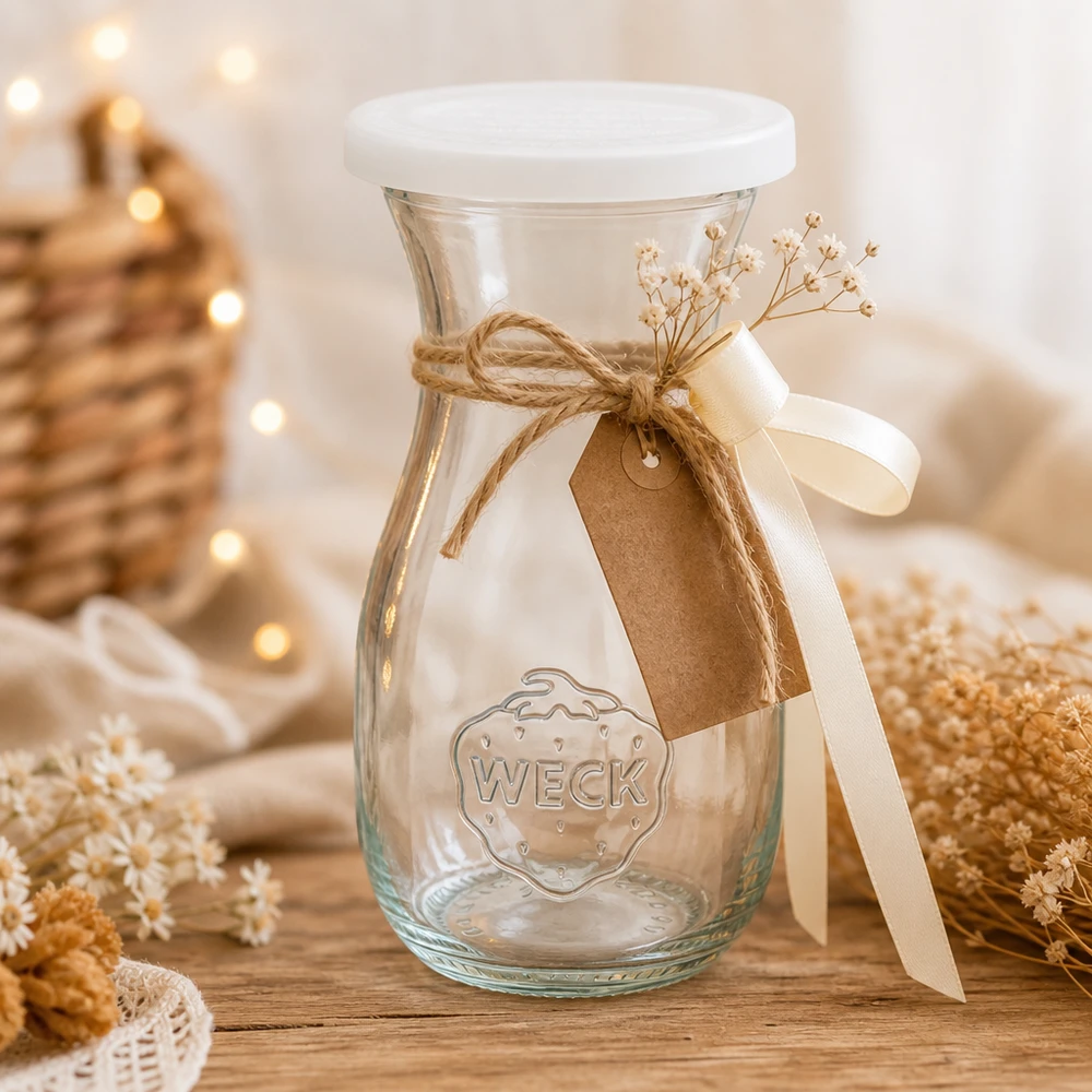 WECK Bouteille de jus de 290 ml décorée avec un pendentif en forme de boucle de jute et des fleurs séchées sur une table en bois avec une lumière chaude
