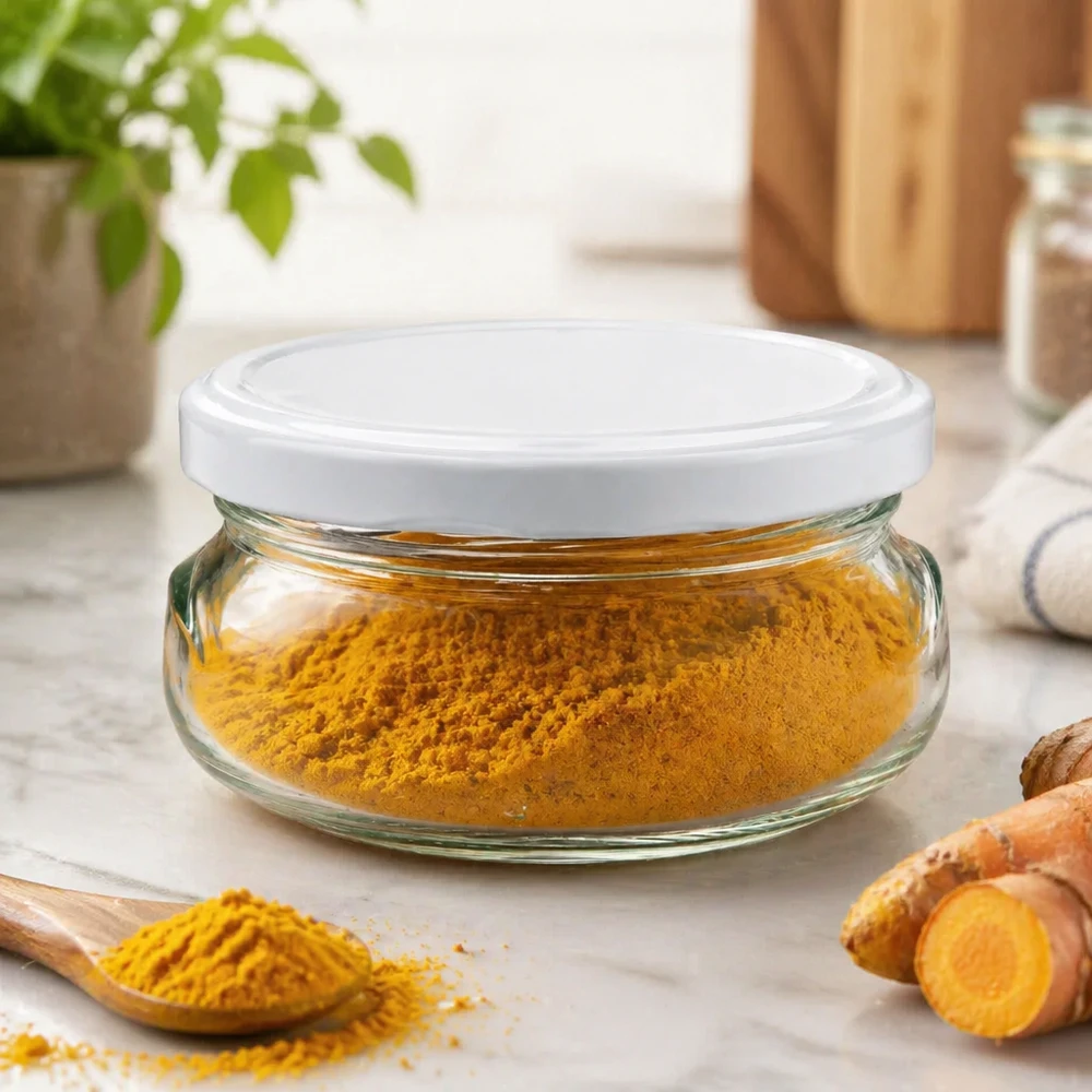 120ml Verre terrine avec couvercle BasicSeal blanc UNiTWIST Pot à terrine 120ml avec couvercle blanc rempli de poudre de curcuma dans un environnement de cuisine avec des racines de curcuma fraîches