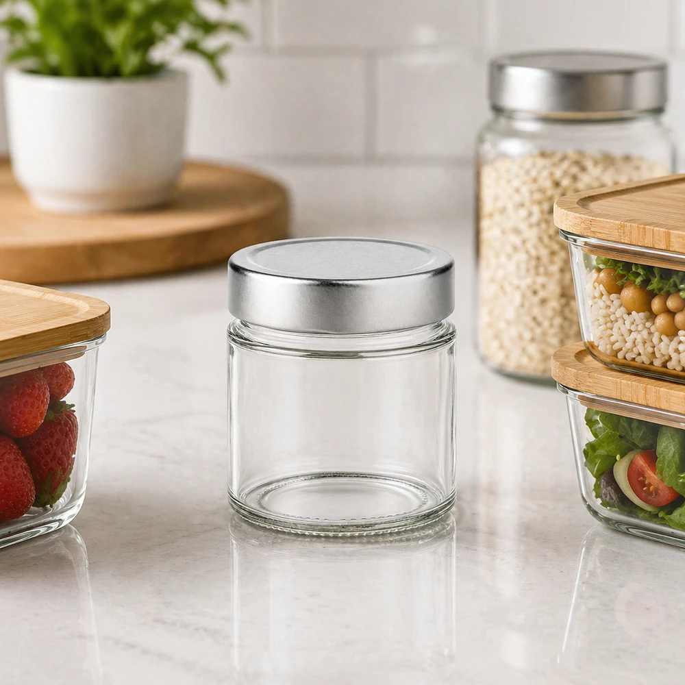 135ml Verre rond avec couvercle BasicSeal argent UNiTWIST 135ml verre rond argent couvercle scène de cuisine avec bocaux à provisions baies salade céréales conservation moderne