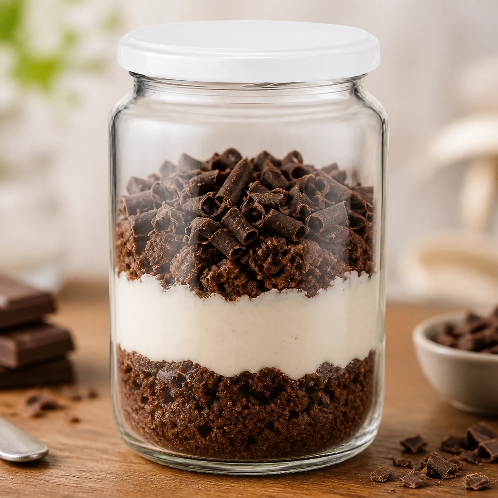 795ml Verre rond avec couvercle BasicSeal blanc UNiTWIST Verre rond de 795 ml UNiTWIST rempli d'un dessert au chocolat stratifié montre une utilisation pratique comme verre à dessert