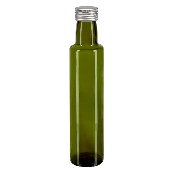 Bouteille d'huile 250 ml ronde, vert olive + capsule à vis argentée en aluminium (PP 31,5 mm) Bouteille d'huile 250 ml ronde, vert olive + capsule à vis argentée en aluminium (PP 31,5 mm)