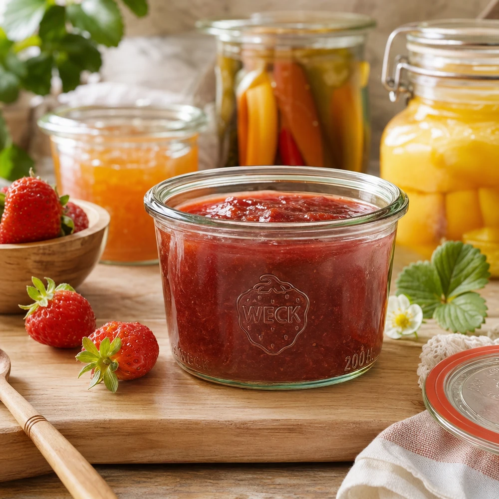 Bocal en verre à fond bombé WECK RR80 de 200 ml 200ml WECK Pot renversé RR80 rempli de confiture de fraises sur une planche en bois à côté de fraises fraîches et de bocaux de conservation