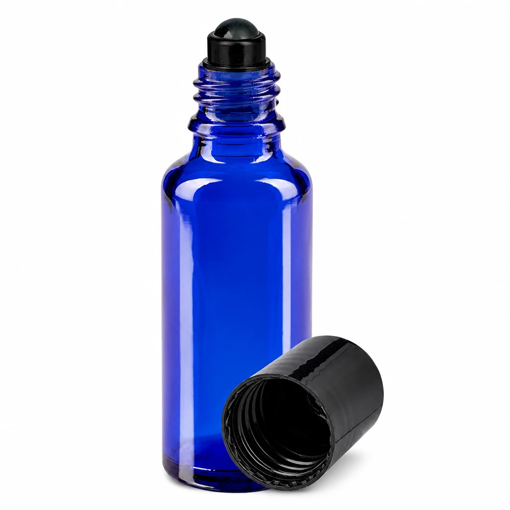 Flacon en verre bleu de 30 ml avec applicateur à bille noir et bouchon à vis pour huiles essentielles