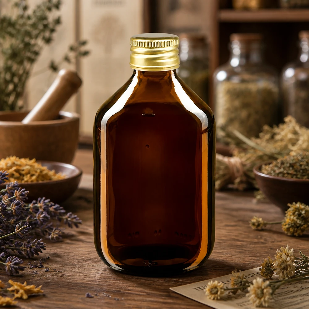 Le flacon pratique de 300 ml en verre brun protège parfaitement le contenu de la lumière nocive.