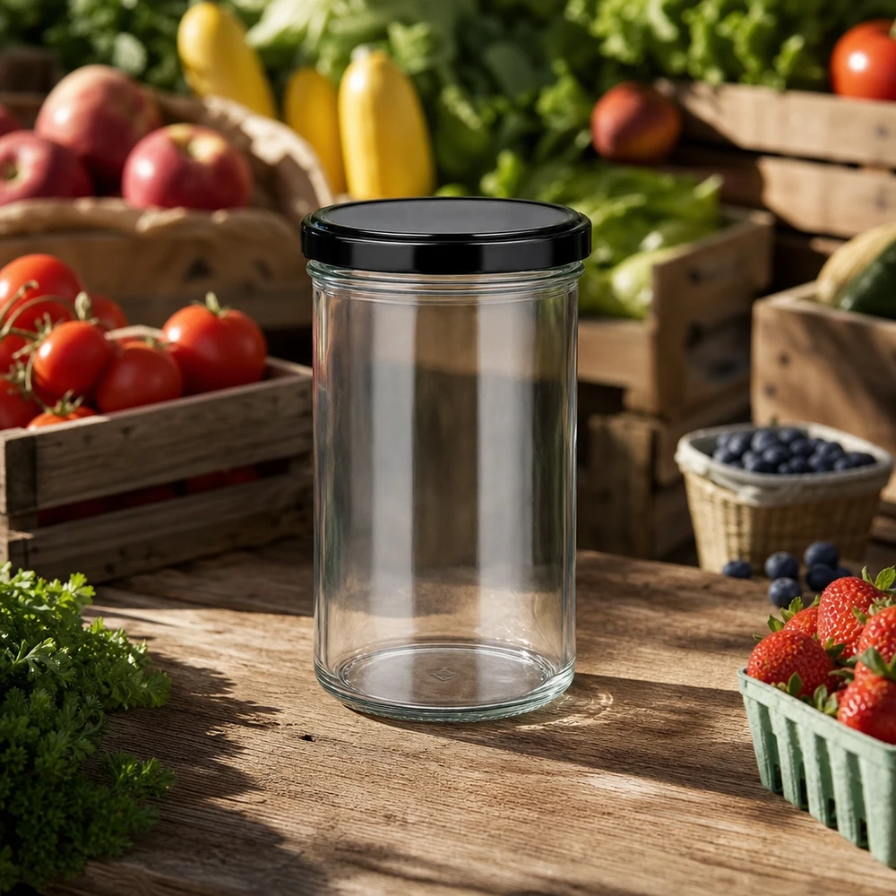277ml pot renversé avec couvercle noir sur table en bois avec tomates fraises myrtilles pot à confiture pot de conservation