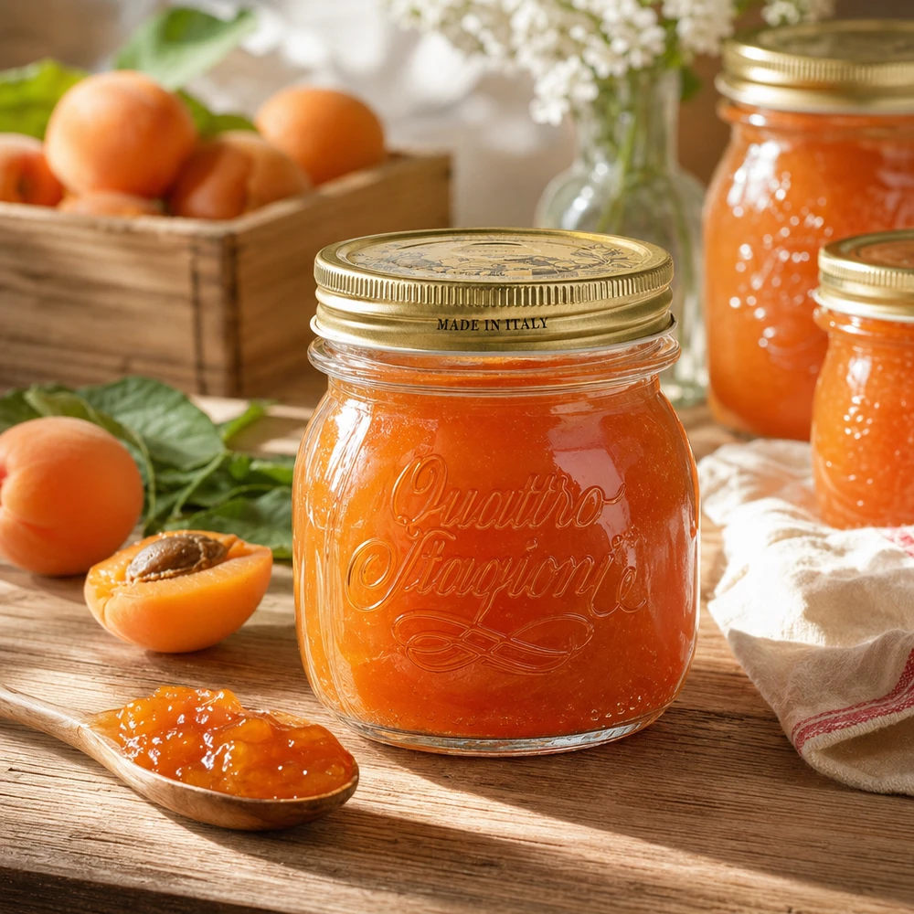 Verre rond 250ml « Quattro Stagioni » avec couvercle Quattro Stagioni Pot rond 250ml avec couvercle à visser rempli de confiture d'abricots sur table en bois avec abricots frais