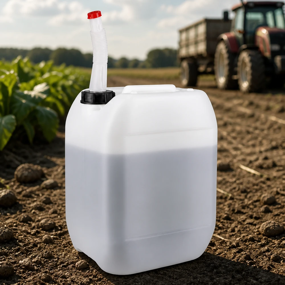 Bidon robuste de 10 litres équipé d'un bec verseur flexible, utilisé dans le cadre d'activités agricoles dans les champs