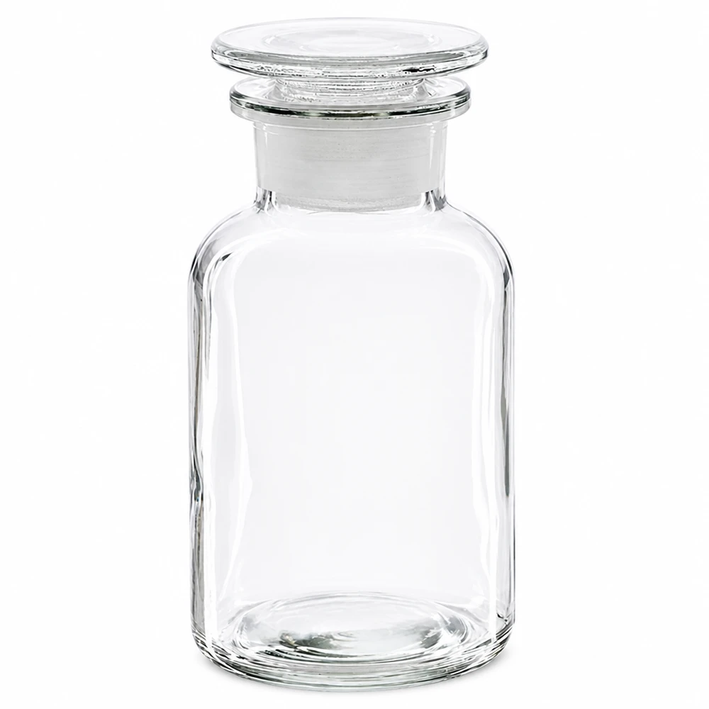 Bouteille transparente à épaulement arrondi de 250 ml, avec bouchon en verre et col large, pour laboratoire et pharmacie