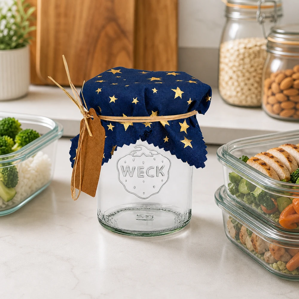 Couvercle en tissu bleu étoilé 12cm sur bocal WECK dans cuisine moderne avec bols Meal-Prep et bocaux à provisions
