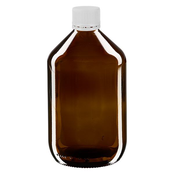 Bouteille à usage médical de 500 ml, marron, avec bouchon blanc d'origine Bouteille à usage médical de 500 ml, marron, avec bouchon blanc d'origine