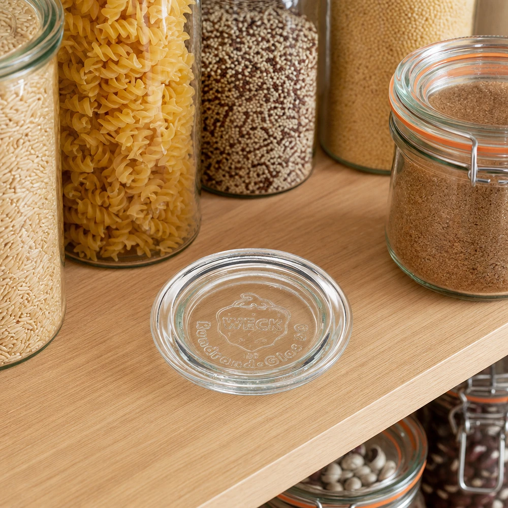 WECK Couvercle en verre RR60 sur une étagère en bois entre des bocaux de stockage avec des pâtes Quinoa et des épices dans une cuisine moderne