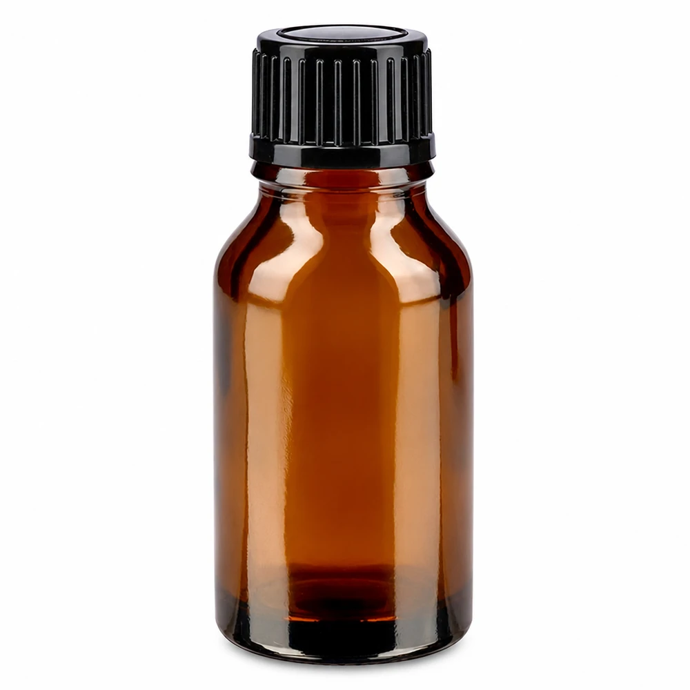 Flacon de pharmacie brun de 15 ml avec bouchon à vis noir, en verre brun de haute qualité