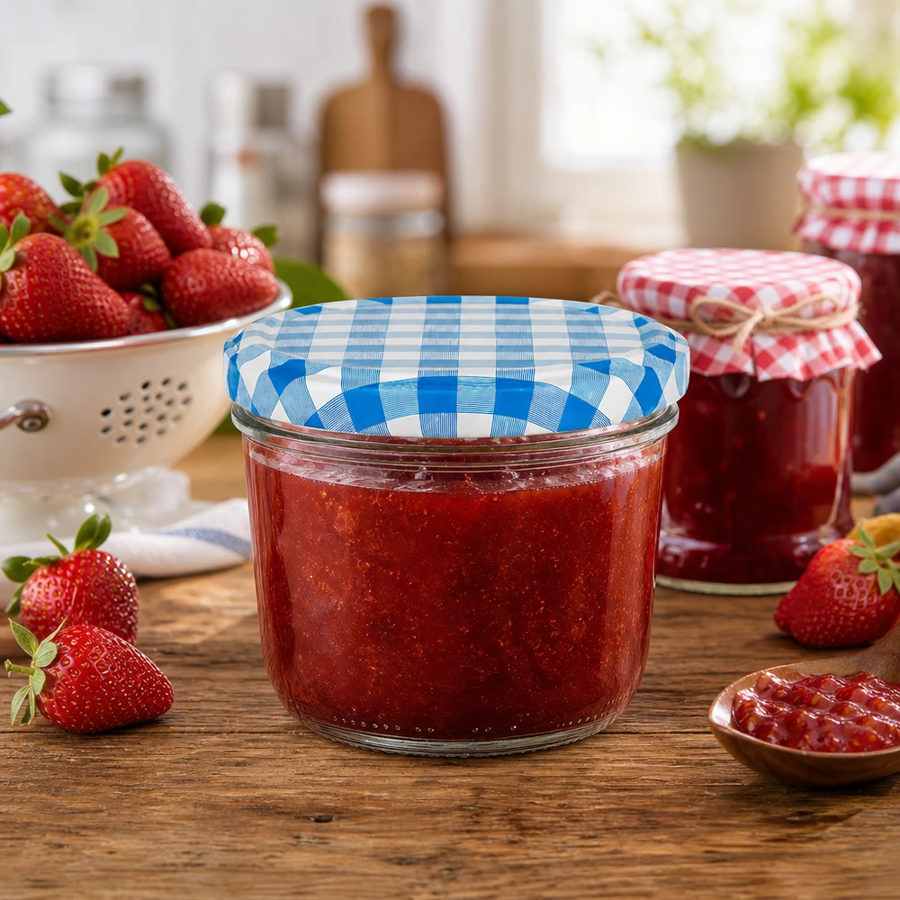 230ml Verre conique avec couvercle BasicSeal bleu/blanc UNiTWIST Pot renversé de 230 ml avec couvercle BasicSeal bleu et blanc rempli de confiture de fraises dans une scène de cuisine rustique