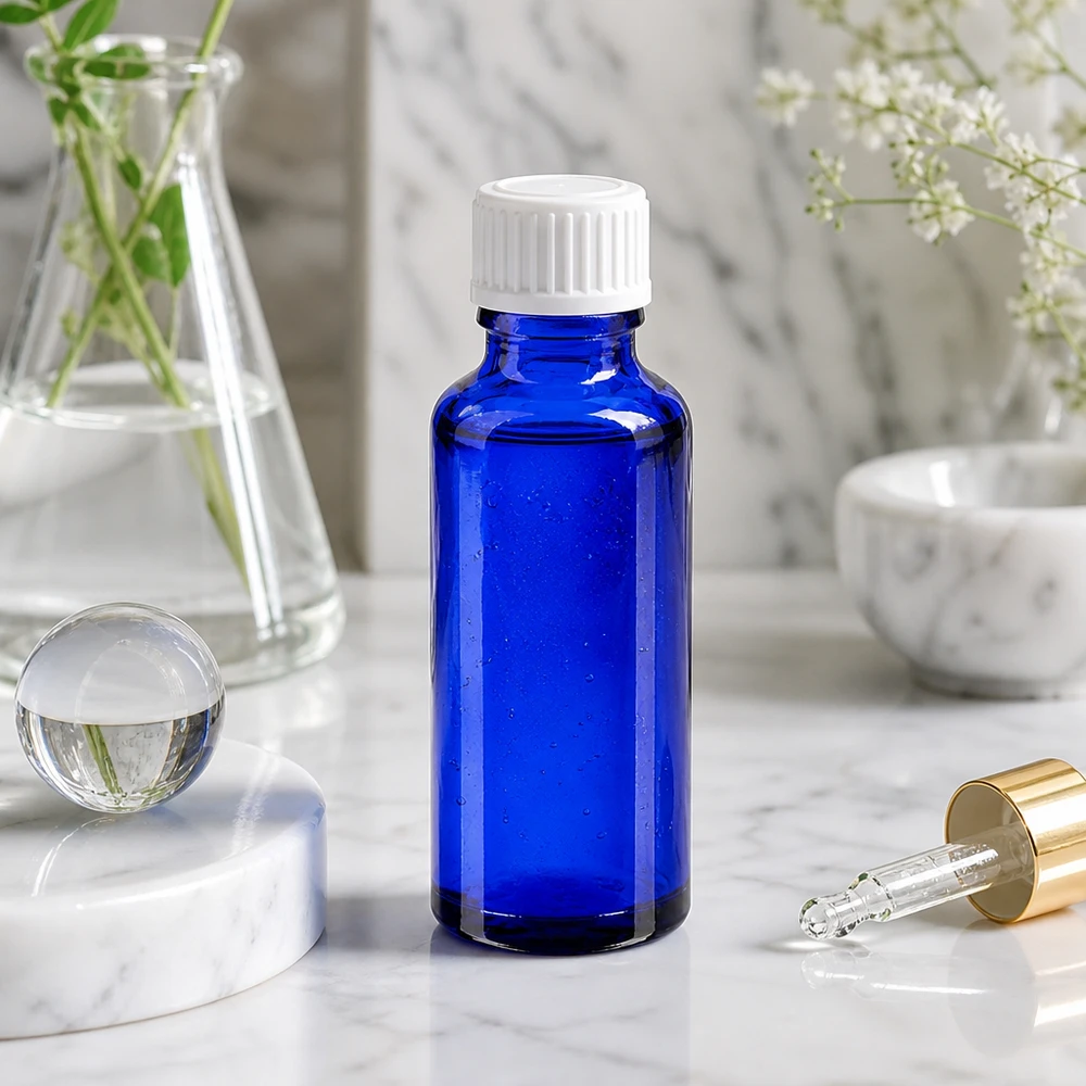 Flacon de pharmacie bleu en verre de 30 ml avec bouchon standard blanc, posé sur un socle en marbre et muni d'une pipette