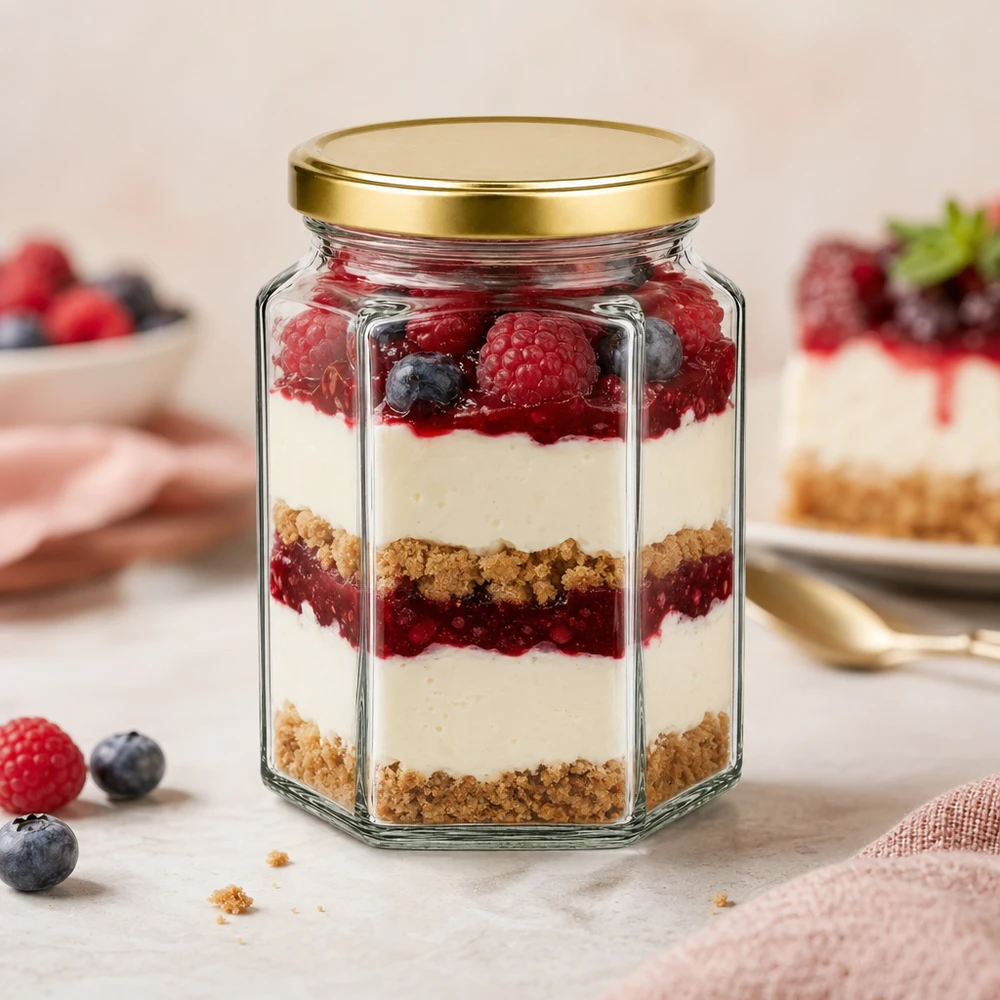 288ml Verre hexagonal avec couvercle BasicSeal or UNiTWIST 288ml Hexaglas BasicSeal gold mit Schicht-Dessert aus Beeren und Creme zeigt elegante Präsentation von Nachspeisen