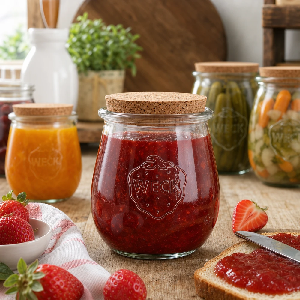 220ml bocal tulipe WECK RR60 avec bouchon nature WECK Pot tulipe avec bouchon rempli de confiture de fraises dans un environnement de cuisine agréable avec des fruits frais