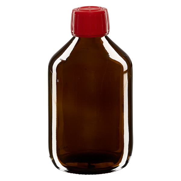 Flacon médical 300 ml couleur ambrée avec bouchon rouge Flacon médical 300 ml couleur ambrée avec bouchon rouge
