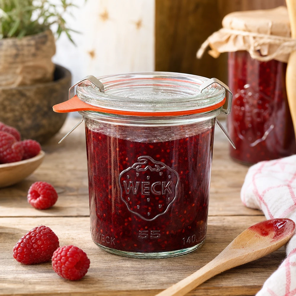 WECK Pot de conservation 140ml RR60 rempli de confiture de framboises dans une cuisine rustique avec des baies fraîches et une cuillère en bois