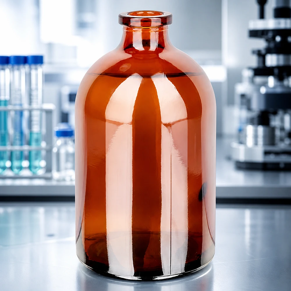 Flacon pour solution injectable, 100 ml en verre ambré Injektionsflasche 100ml Braunglas mit bauchiger Korpusform und engem Rollrandhals ohne Verschluss